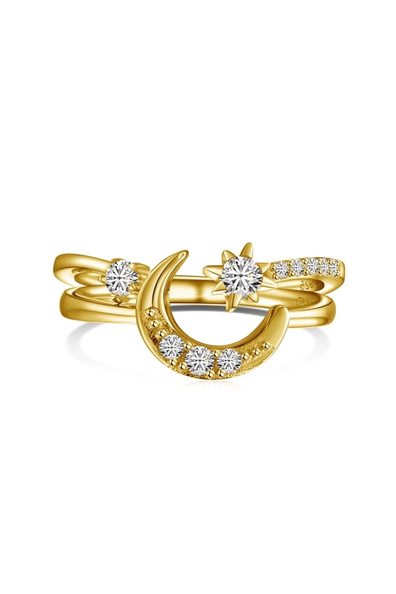 Stackable Matching Rings for Women - 925 Sterling Silver Cubic Zirconia Moon, Sun & Star Minimalist 2Pcs Adjustable Ring Set for Her Gold Size 9