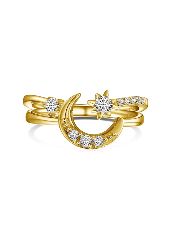 Stackable Matching Rings for Women - 925 Sterling Silver Cubic Zirconia Moon, Sun & Star Minimalist 2Pcs Adjustable Ring Set for Her Yellow Size 9