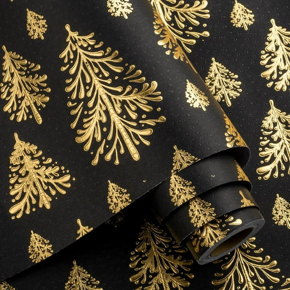 Flyhill Black Kraf Christmas Wrapping Paper,Gold 3D Embossed Foil Christmas Pine Tree with Woodlands Wrap Paper for Holiday, Party,Celebration, New Year (17 Inch X 32.8 Feet)