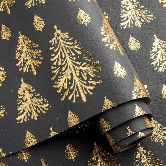 Flyhill Dark Gray Kraft Christmas Wrapping Paper,Lusury Gold 3D Embossed Foil Christmas Trees Design with Woodlands Wrap Paper for Holiday, Party,Celebration, New Year(17 Inch X 32.8 Feet)