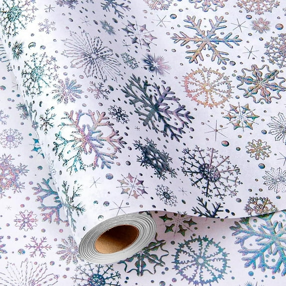 Flyhill Kraft Christmas Wrapping Paper-Silver Snowflake Metallic Embossed Foil Luxury Gift Wrap Roll Design for Holiday, Party,Celebration, New Year (17 Inch X 32.8 Feet)