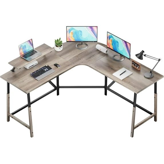 Flyicty 55'' L Shaped Gaming Desk, Ergonomic Corner Desk with Monitor Stand, Computer Desk for Home Office Study Writing Workstation, Large Computer Table PC Desk, Grey Oak