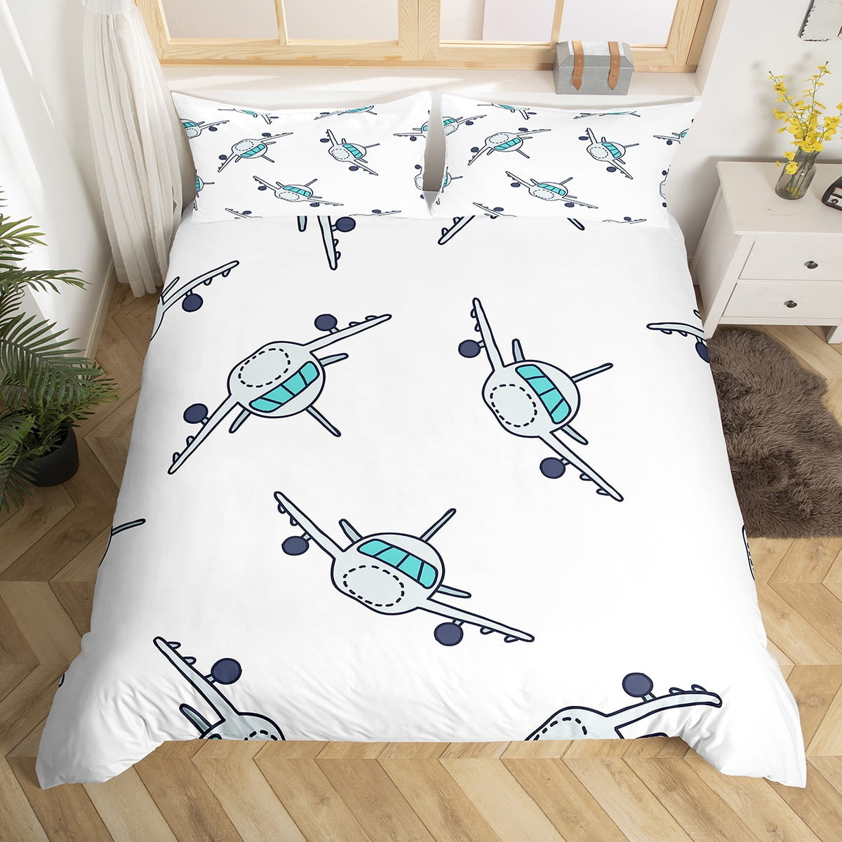 Flying Airplane Duvet Cover Cartoon Aircraft Bedding Set Twin Kids