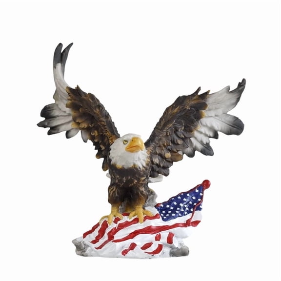 Flying Bald Eagle Detailed Textured Resin Statue Hand Painted Realistic Resin with American Flag for 4th of July Memorial Day Tabletop 8In