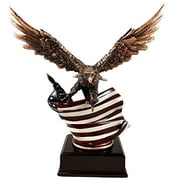 Flying Bald Eagle Hoisting The American Flag Bronze Electroplated Figurine With Base Resin Statue