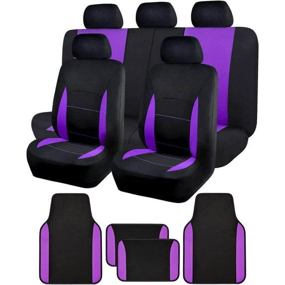 Flying Banner Car Seat Covers Front Seats Rear Bench Polyester car seat Protectors Easy installations Rear Bench Split Classic Man Lady Truck (Full Set - Low Back - Combo Pack, Black Purple)