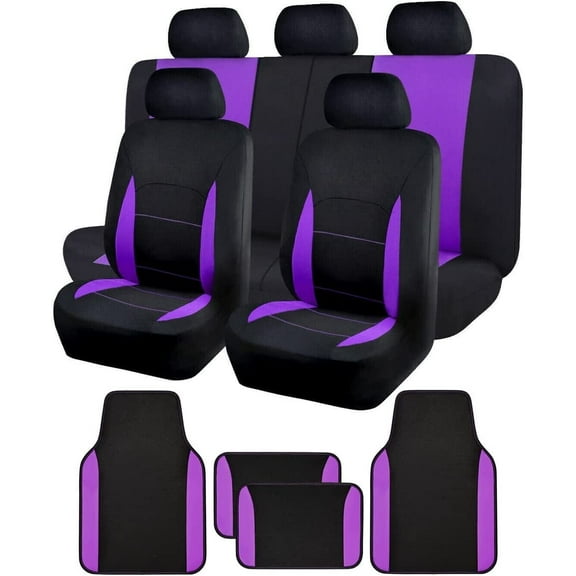 Flying Banner Car Seat Covers Front Seats Rear Bench Polyester car seat Protectors Easy installations Rear Bench Split Classic Man Lady Truck (Full Set - Low Back - Combo Pack, Black Purple)