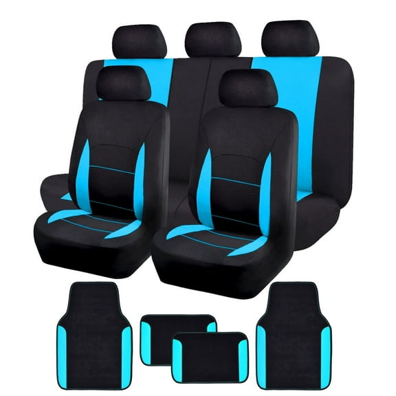 Flying Banner Car Seat Covers Front Seats Rear Bench Polyester car seat Protectors Easy installations Rear Bench Split Classic Man Lady Truck (Full Set - Low Back - Combo Pack, Black Mint Blue)