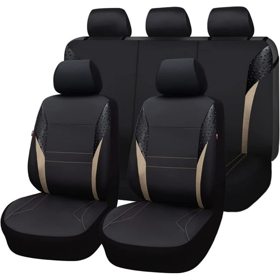Flying Banner Car Seat Covers Protectors Full Set Synthetic Leather Mesh Rear benc Split Fashion Woman Sporty Femal SUV Truck Black Beige