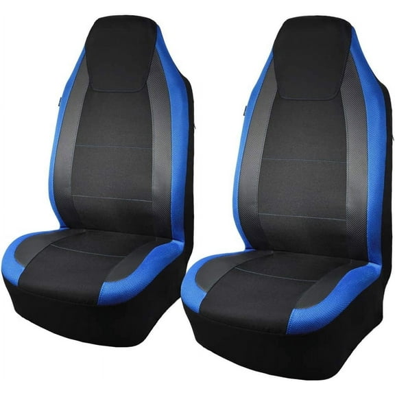 Flying Banner car seat Covers Quality Carbon Fiber Air Mesh Fabric Sport Back Pocket Arm Rest (2 Fronts - High Bucket, Blue)