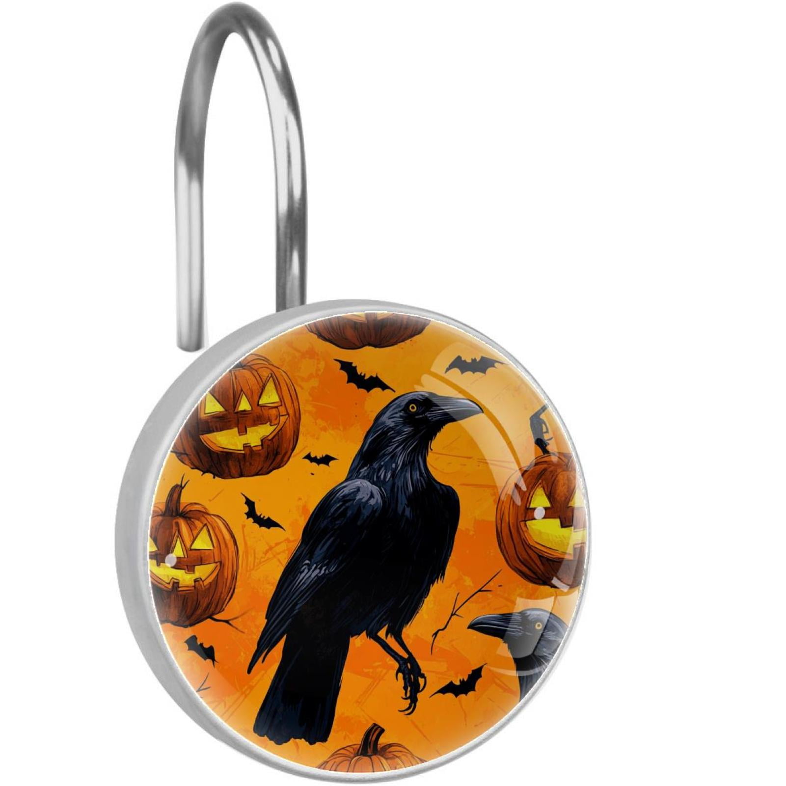 Flying Bat Crow Pumpkin Shower Curtain Hooks Round Crystal Glass, Set of 12 Shower Curtain Rings - Shower Hooks for Curtain Shower Rings
