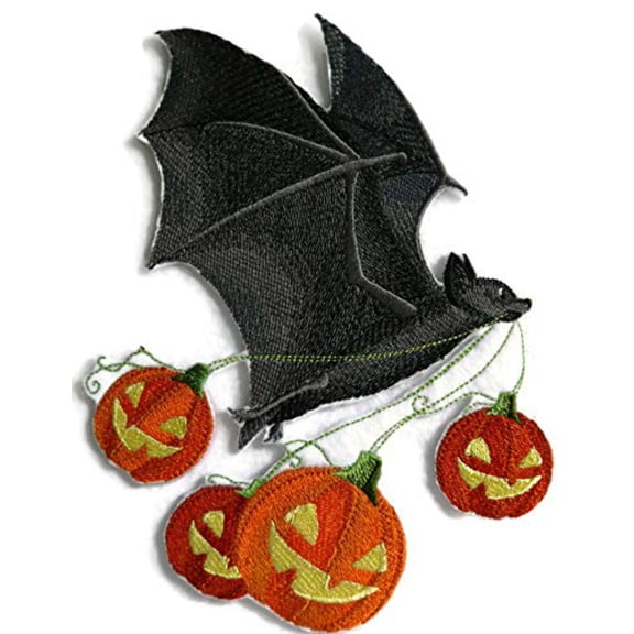Flying Bat with Jack O Lanterns Embroidered Iron on/Sew patch [5.88" X 7.35"]