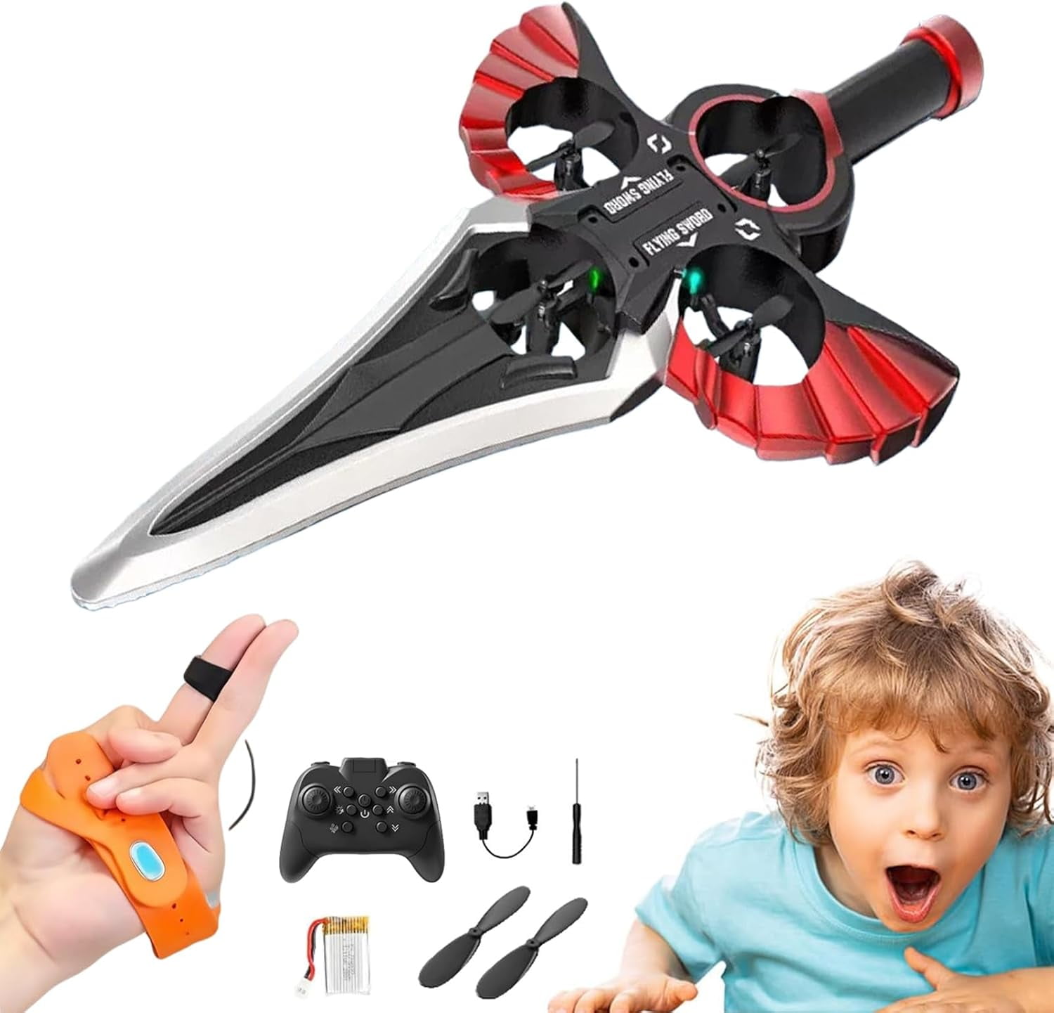 Flying Battle Sword, Flying Sword Drone, Flying Sword RC Airplane, Gesture & Remote Dual-Mode, 3-Speed 360° Flip Stunt Glider with Autopilot & LED Light, Drop-Proof Toy for Anyone (D-Dual Control)