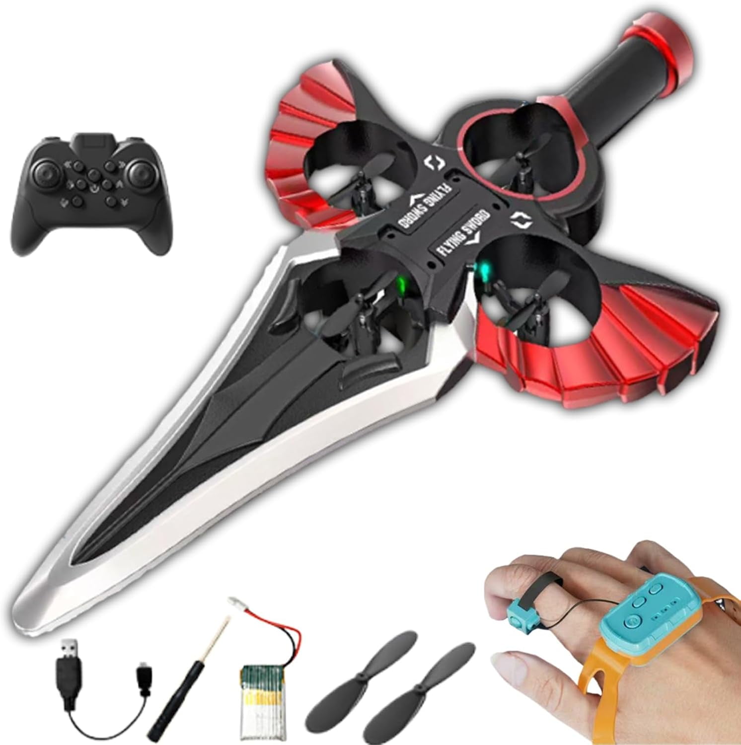 Flying Battle Sword, Gesture Controlled Stunt Rc Plane - 3 Speed Stunt Control Modes, Hand Wave/Controller Mode Remote Flying Sword Gravity Sensing Drop-Proof Frame for All Ages(Red DP)
