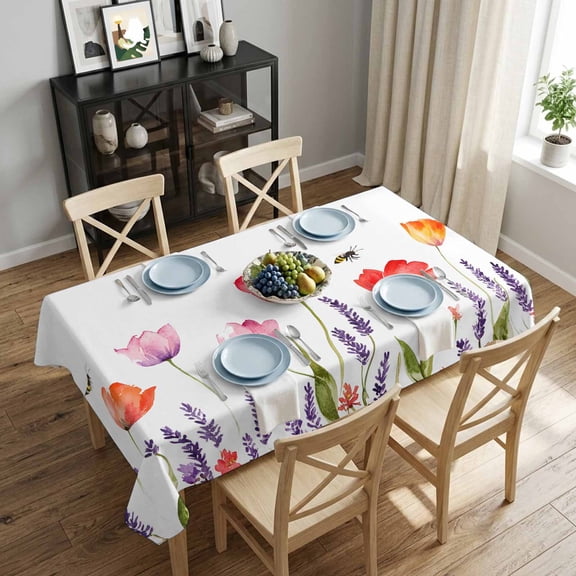 Flying Bee Rectangle Tablecloth 52x70 Inch Watercolor Flowers Waterproof Polyester Tablecloth for Dining Table, Washable Table Cover for Kitchen Dining Room Wedding Decoration,Stain Resistant