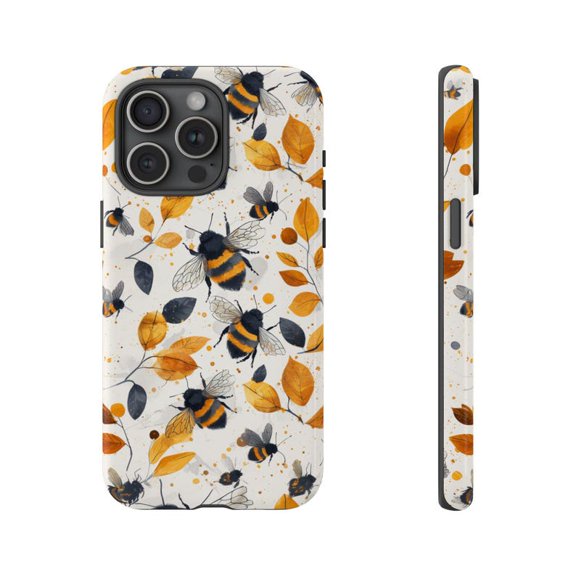 Flying Bee Yellow Pattern with Leaves Nature Artwork Phone Case for 11 12 13 14 15 16 17 Pro Max