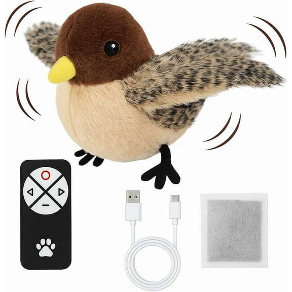 Flying Bird Cat Toy (Not a Flying Bird) - Interactive Flappy Bird Toy with Real Feathers & Chirping Sounds, USB Rechargeable Remote Control for Indoor Cats