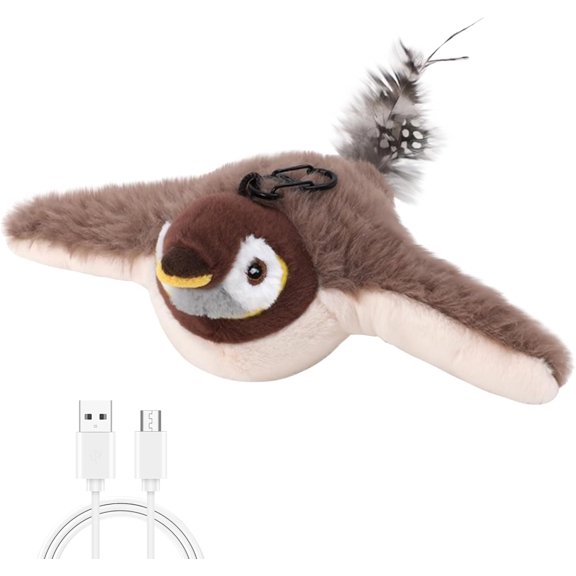 Flying Bird Cat Toys for Indoor Cats - Interactive Automatic Motion Sensor Toy with Flapping Wings & Chirping, USB Rechargeable Plush Sparrow with Catnip, Realistic Feather Toy to Relieve Boredom