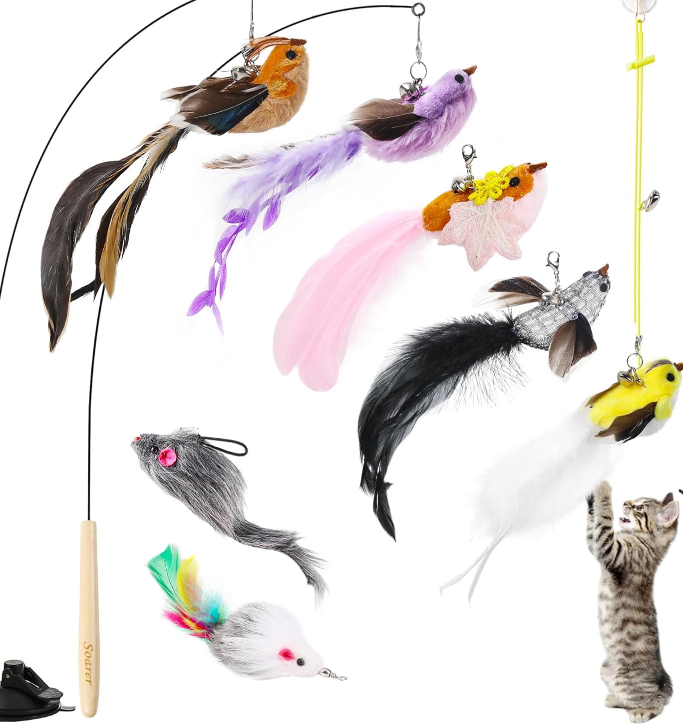 Flying Bird Cat Toys - Wooden Cats Wand Toy Fishing Pole Cat Bird Toys Replacements, Interactive Suction Cup and Door Hanging Cat String Toys for Indoor Cats