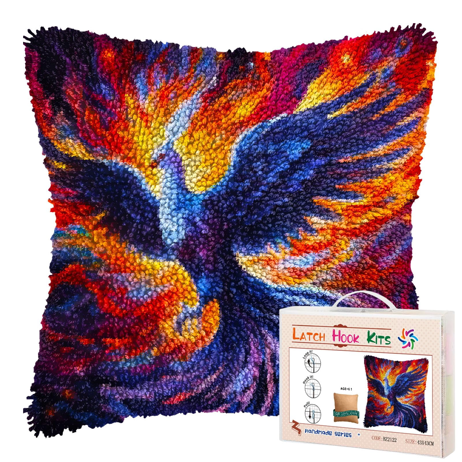 Flying Bird in Fire DIY Latch Hook Pillow Kits for Adults Printed Pillowcase Crochet Yarns Hooking Handmade Pillow Cover Cushion for Home Sofa Decoration 17x17inch(2)