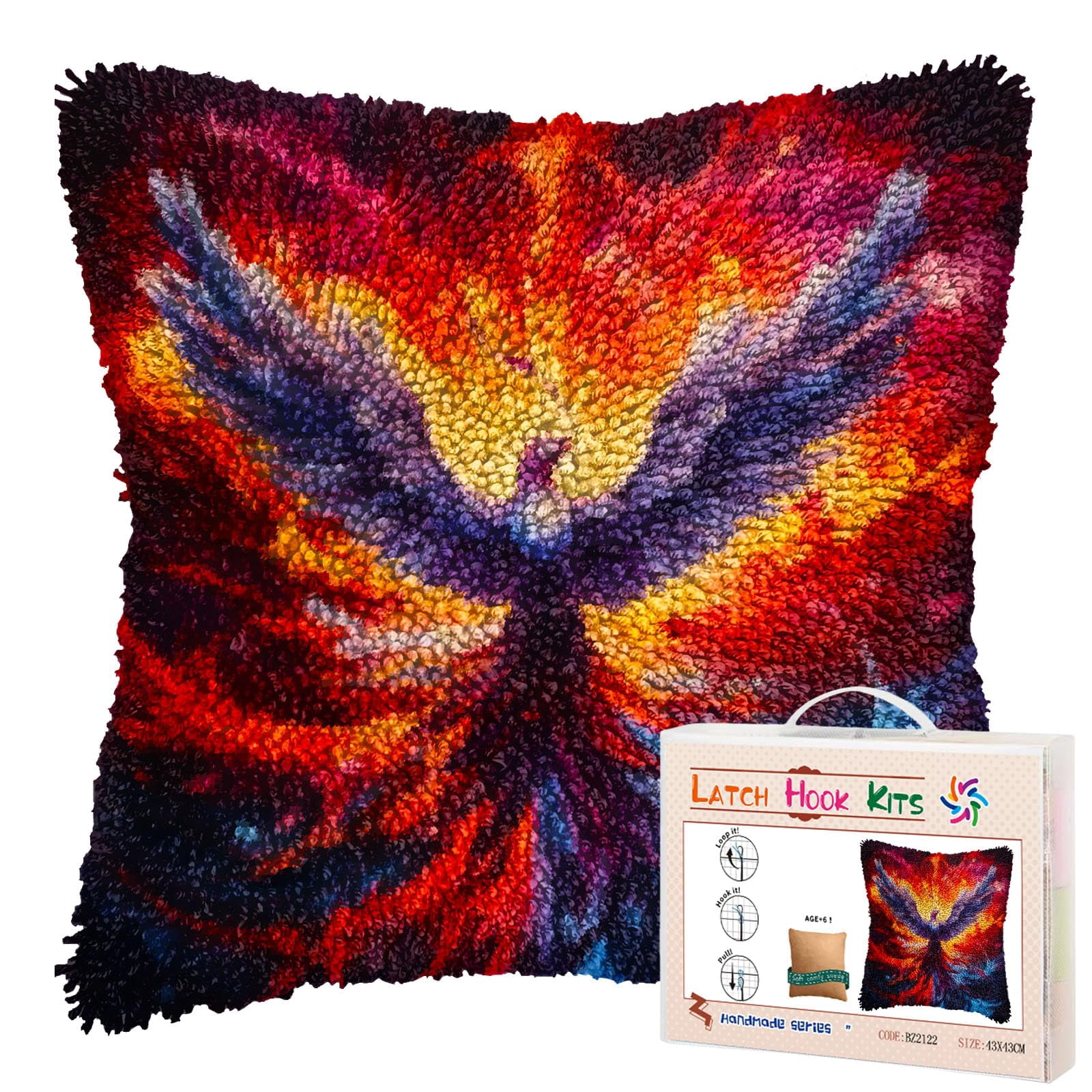 Flying Bird in Fire DIY Latch Hook Pillow Kits for Adults Printed Pillowcase Crochet Yarns Hooking Handmade Pillow Cover Cushion for Home Sofa Decoration 17x17inch(1)