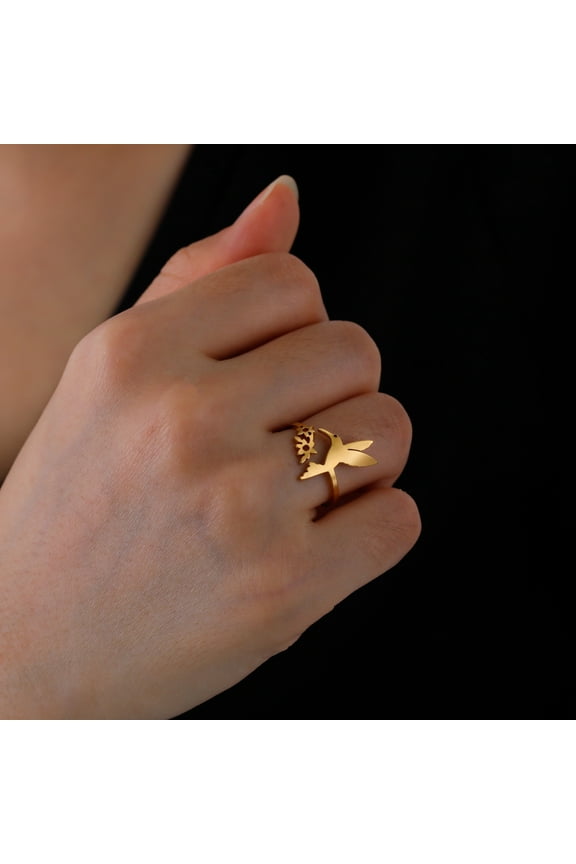 Flying Bird Flower Open Adjustable Ring 14K Yellow Gold Cute Hummingbird Finger Ring Trend Golden Silver Color Jewelry Valentine's Day Gifts
