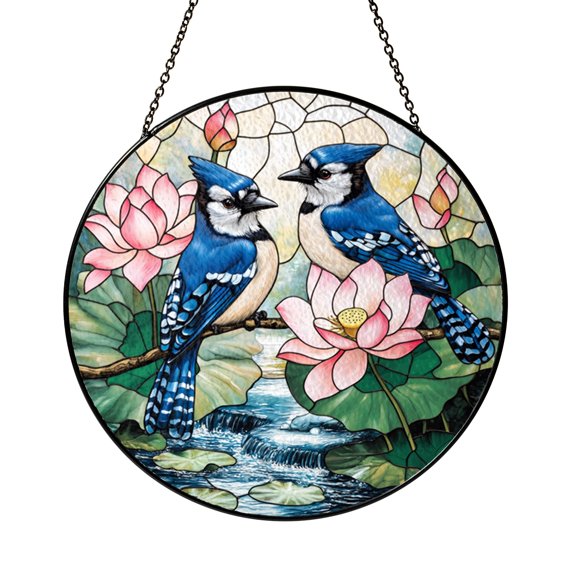 Flying Bird Lotus Pond Stained Glass Style Suncatcher – Scenic Window Decor