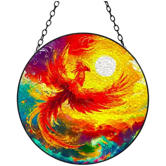 Flying Bird Under Sunset Stained Glass Suncatcher Handmade Window Hanging Colored Glass Suncatcher Crafts Kits for Indoor Garden Decor Memorial Gift 16x16cm