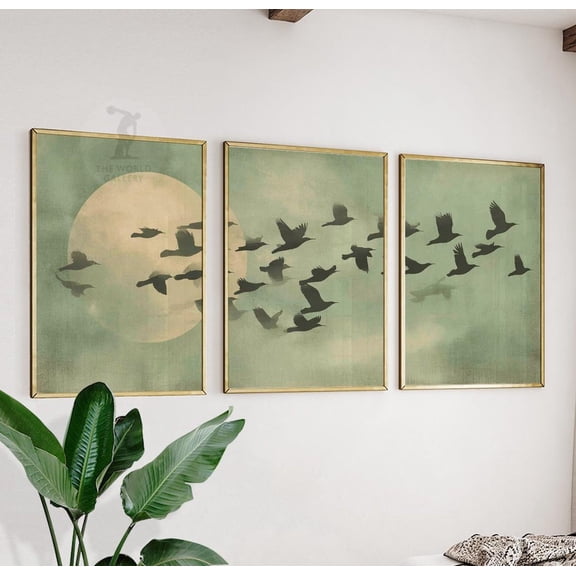 Flying Bird Wall Art Prints, Set Of 3 Moon Silhouette Tranquil Nature Decor