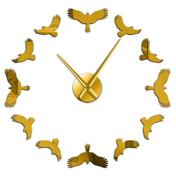 Flying Birds 3D DIY Wall Clock Eagle Bird Flying High in the Sky Wild Life Nature Silent Quartz Wall Watch With Mirror Effect(Gold,47inch)