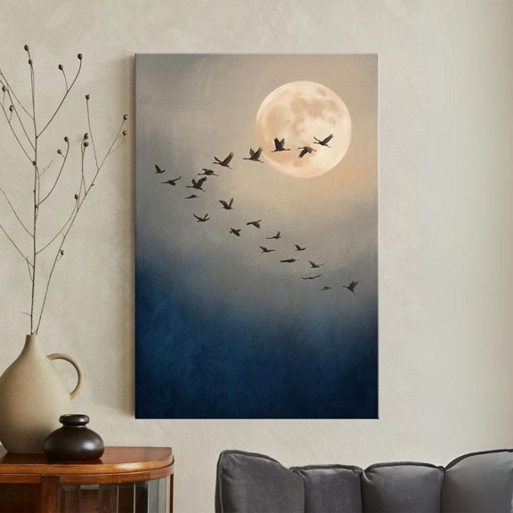 Flying Birds Full Moon Navy Sky Wall Art Poster, Unframed Paper Poster 8x10in