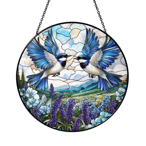 Flying Birds Lavender Meadow Stained Glass Style Window Hanging – Scenic Decor