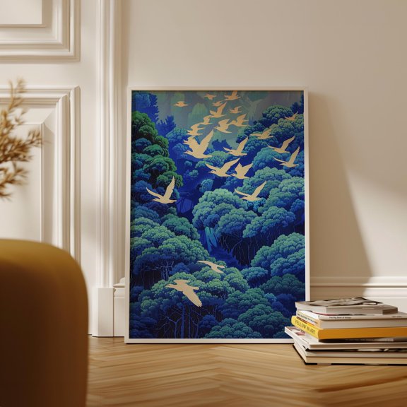 Flying Birds Wall Art, Forest Scene With Blue Green Hues Poster , Poster Print Only