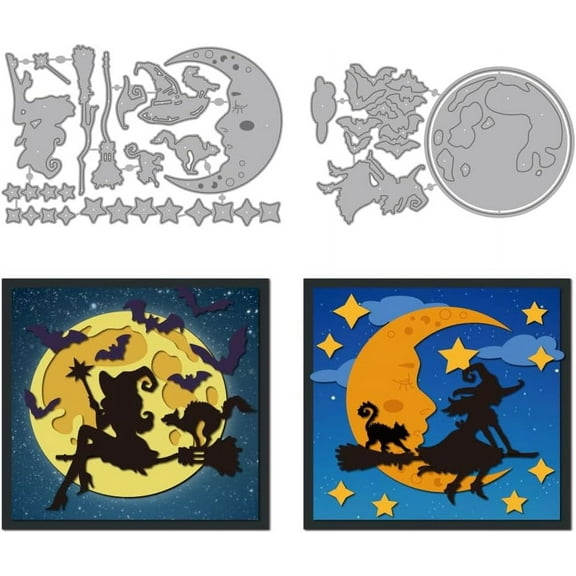 Flying Broom Die Cuts for DIY Card Making Moon Stars Bats Metal Cutting Dies Magic Black Cat Embossing Cutting Stencil for DIY Scrapbooking Craft Paper Card Gift Decoration