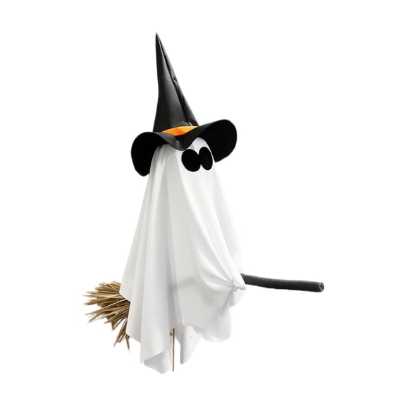 Flying Broom Ghost Decoration Hanging Halloween Prop with Witch Hat Fabric Sheet Eye Pieces and Straw Broom for Indoor Outdoor Display