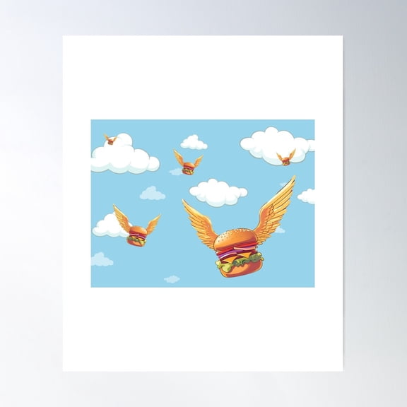 Flying Burgers Design – Fun & Unique Poster Wall Art, Modern Wall Decor For Living Room Bedroom, 12x18 UNFRAMED