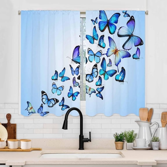 Flying Butterflies Kitchen Window Curtains Over Sink Many Different Blue Short Curtain Bathroom Small Window Treatment Tier Drapes 53"W x 63"L (Pack of 2)