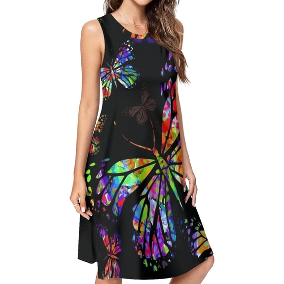 Flying Butterflies Watercolor Spring Summer Dresses for Women Fashion T-shirt Dress Casual Sleeveless Loose Sundress with Pockets
