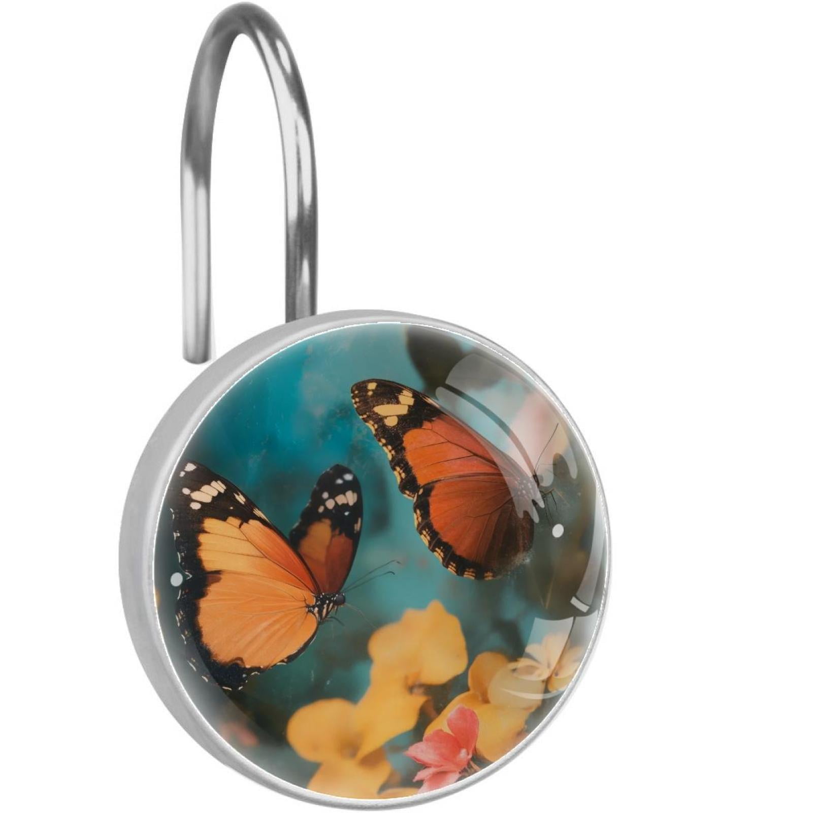 Flying Butterflies on Flower Shower Curtain Hooks Round Crystal Glass, Set of 12 Shower Curtain Rings - Shower Hooks for Curtain Shower Rings
