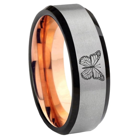 Flying Butterfly 8MM Beveled Edge Gray And Rose Gold Tungsten Ring