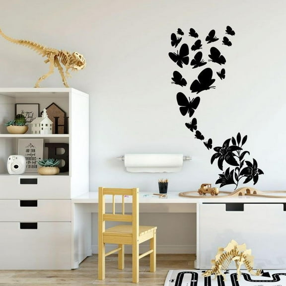 Flying Butterfly Butterflies Flower Silhouette Wall Sticker Art Decal for Girls Boys Kids Room Bedroom Nursery Kindergarten House Fun Home Decor Stickers Wall Art Vinyl Decoration Size (10x8 inch)