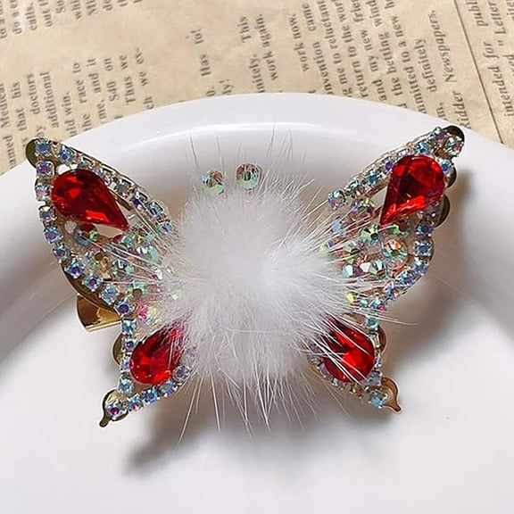 Flying Butterfly Hair Clips – Moving Butterfly Hairpins with Glitter Rhinestones, Cute Hair Barrettes for Girls & Women, Gift for Kids, Teens, Adults (Red + white-1pcs)