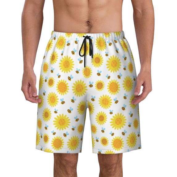 Flying Cartoon Bees Sunflower Pattern Men'S Beach Pants Quick Dry Short Swim Trunks With With Pockets And Mesh Lining Swimwear Beach Bathing Shorts Large