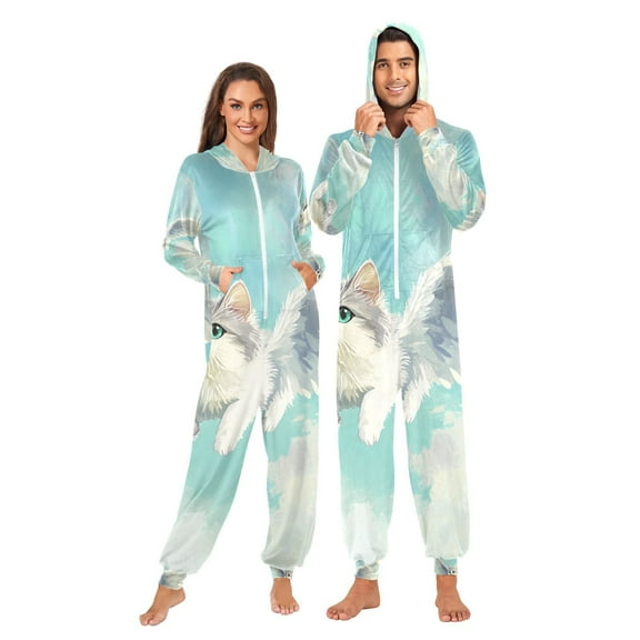 Flying Cat Adult Onesie Pajamas Slim Fit Christmas One Piece Suit Pjs for Women and Men Hooded Zipper