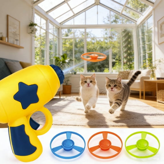 Flying Cat Toys, Interactive Cat Fetch Toy with 1 Gun + 3 Unlit flying saucers, Flying dis Toy for Hunting Chasing Indoor/Outdoor,Yellow