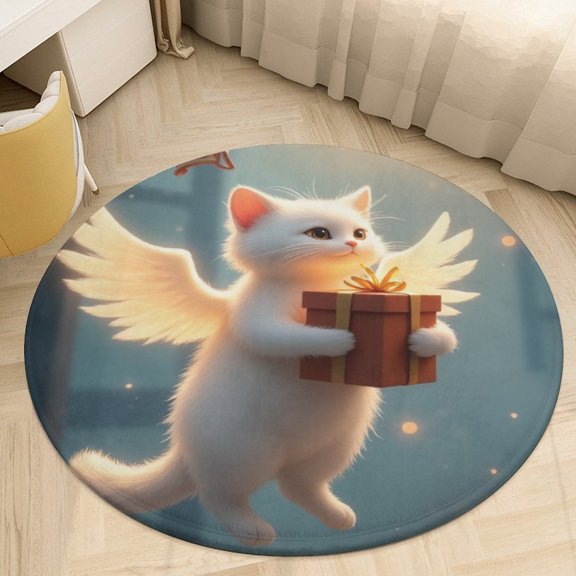 Flying Cat with Gift Box Round Area Rugs for Bedroom Living Room, 3FT Soft Indoor Circle Carpets, Carpet Home Decor Floor Mat