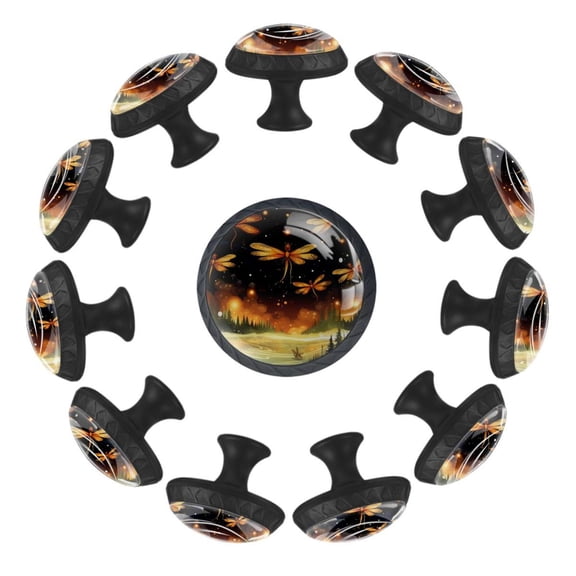Flying Colorful Firefly Forest Pattern 35MM Round Glass Cabinet Knobs, Kitchen Knobs for Drawer Dresser Cupboard Wardrobe Modern Pulls Handles Hardware, Set of 12