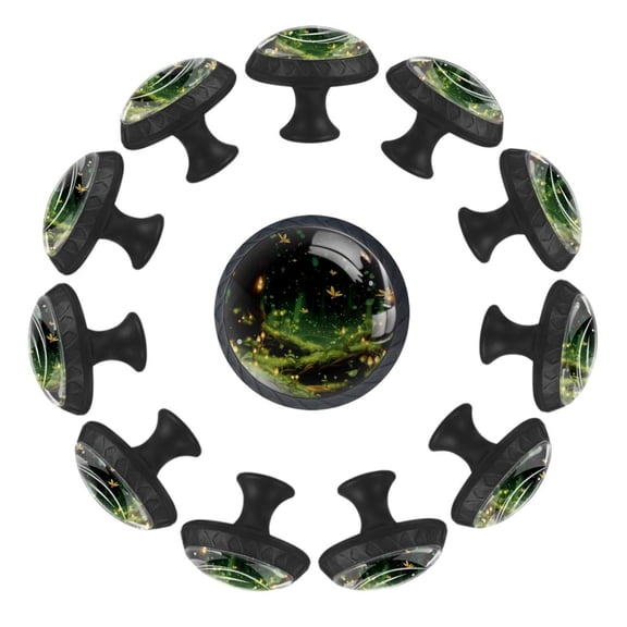 Flying Colorful Firefly Forest Pattern 35MM Round Glass Cabinet Knobs, Kitchen Knobs for Drawer Dresser Cupboard Wardrobe Modern Pulls Handles Hardware, Set of 12
