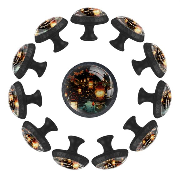Flying Colorful Firefly Forest Pattern 35MM Round Glass Cabinet Knobs, Kitchen Knobs for Drawer Dresser Cupboard Wardrobe Modern Pulls Handles Hardware, Set of 12