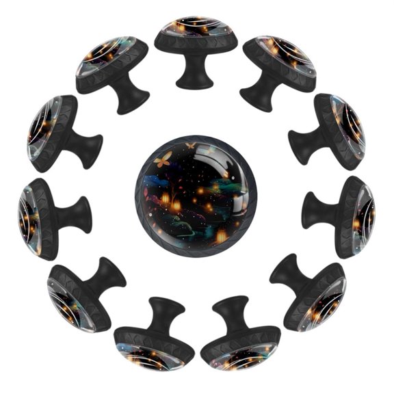 Flying Colorful Firefly Forest Pattern 35MM Round Glass Cabinet Knobs, Kitchen Knobs for Drawer Dresser Cupboard Wardrobe Modern Pulls Handles Hardware, Set of 12